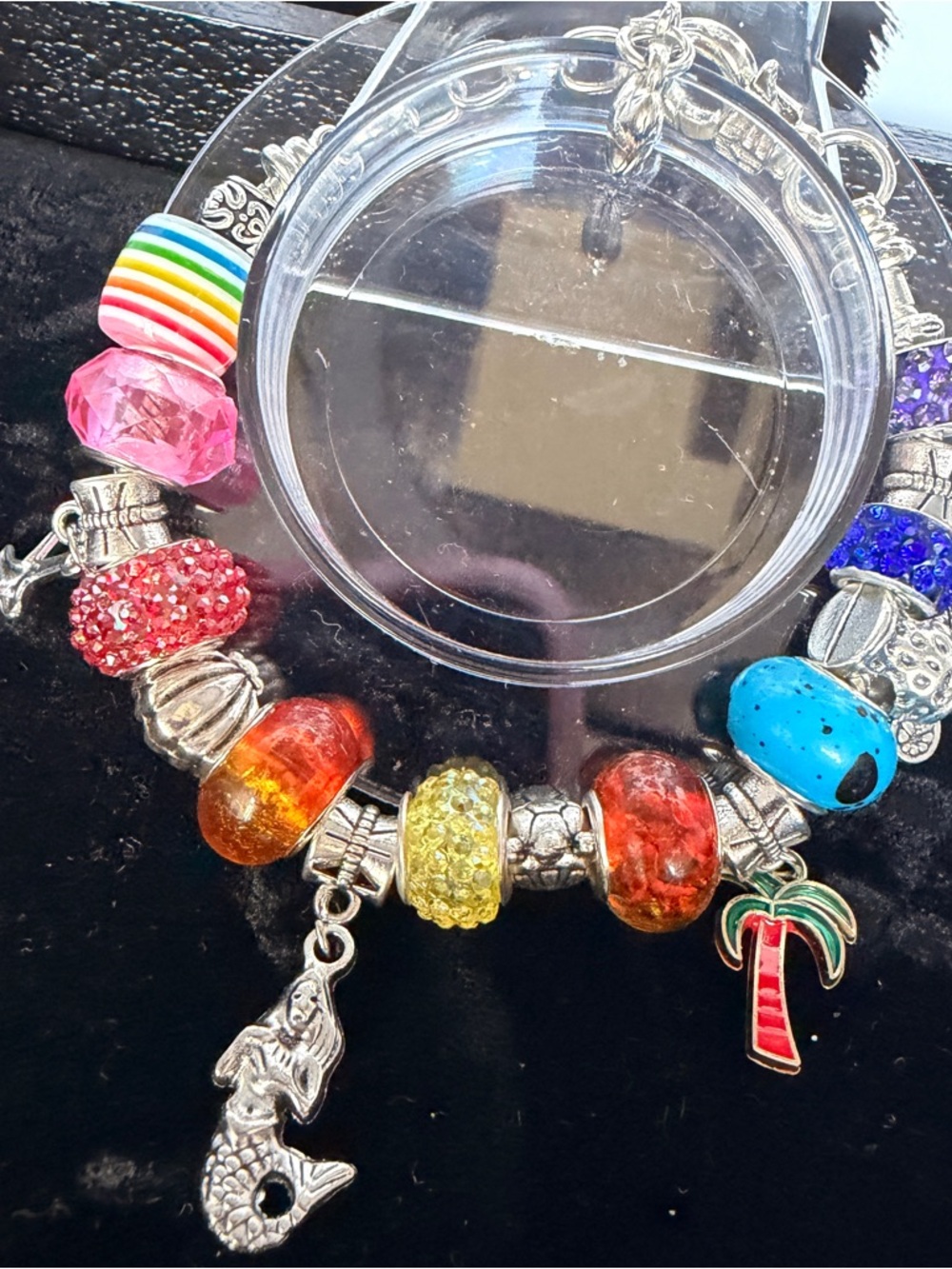 Colorful Rainbow Beads Silver Charm Snake Chain Bracelet w/ Palm Tree & Mermaid
